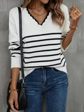 Load image into Gallery viewer, Striped V-Neck Drop Shoulder Sweater