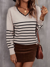 Load image into Gallery viewer, Striped V-Neck Drop Shoulder Sweater