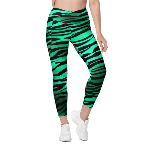 Emerald Green & Black Zebra Crossover Leggings With Pockets