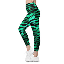 Load image into Gallery viewer, Emerald Green &amp; Black Zebra Crossover Leggings With Pockets