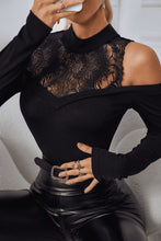 Load image into Gallery viewer, Mock Neck Lace Trim Cold-Shoulder Blouse