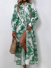 Load image into Gallery viewer, Printed Tie Waist Notched Neck Midi Dress