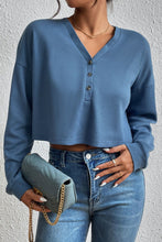 Load image into Gallery viewer, Cropped V-Neck Raglan Sleeve Buttoned Blouse
