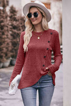 Load image into Gallery viewer, Double Take Ribbed Round Neck Buttoned Long Sleeve Tee