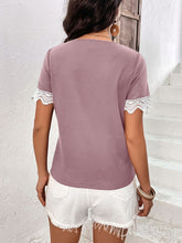 Load image into Gallery viewer, Decorative Button Spliced Lace Short Sleeve Top