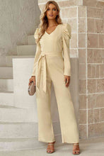 Load image into Gallery viewer, Belted Long Puff Sleeve V-Neck Jumpsuit
