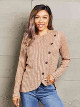 Load image into Gallery viewer, Double Take Ribbed Round Neck Buttoned Long Sleeve Tee