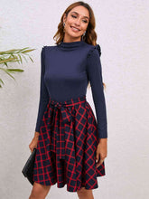 Load image into Gallery viewer, Plaid Tie Waist Ruffle Shoulder Dress