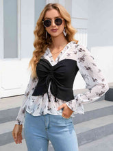 Load image into Gallery viewer, Floral Frill Trim Flounce Sleeve Drawstring Blouse