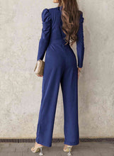 Load image into Gallery viewer, Belted Long Puff Sleeve V-Neck Jumpsuit