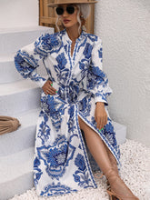 Load image into Gallery viewer, Printed Tie Waist Notched Neck Midi Dress