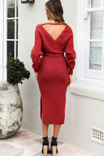 Load image into Gallery viewer, Surplice Neck Bow Waist Slit Sweater Dress
