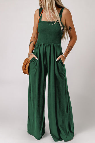 Green Smocked Square Neck Wide Leg Jumpsuit with Pockets