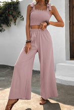 Load image into Gallery viewer, Tie Shoulder Smocked Crop Top and Wide Leg Pants Set