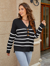Load image into Gallery viewer, V-Neck Striped Dropped Shoulder Sweater