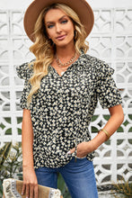 Load image into Gallery viewer, Floral Smocked Ruffle Shoulder Tie Neck Top