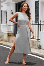 Load image into Gallery viewer, Round Neck Tie Belt Slit Sleeveless Sweater Dress
