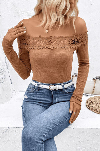 Off-Shoulder Lace Trim Ribbed Tee