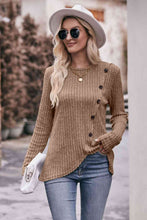 Load image into Gallery viewer, Double Take Ribbed Round Neck Buttoned Long Sleeve Tee