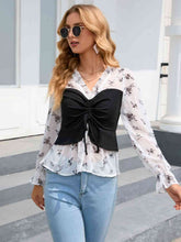 Load image into Gallery viewer, Floral Frill Trim Flounce Sleeve Drawstring Blouse