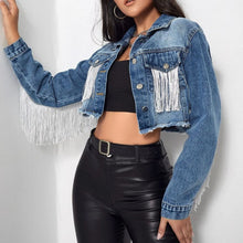 Load image into Gallery viewer, Fringe Detail Long Sleeve Cropped Denim Jacket