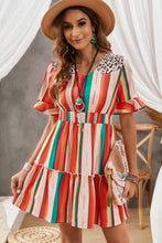 Load image into Gallery viewer, Striped Leopard V-Neck Frill Trim Mini Dress
