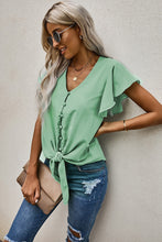 Load image into Gallery viewer, V-Neck Tie Hem Flutter Sleeve Blouse