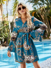 Load image into Gallery viewer, Printed Tie Belt Slit Flare Sleeve Dress