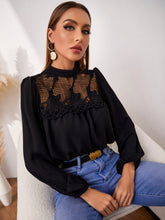 Load image into Gallery viewer, Openwork Round Neck Puff Sleeve Blouse