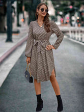 Load image into Gallery viewer, Printed Notched Tie Front Long Sleeve Dress