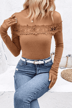 Load image into Gallery viewer, Off-Shoulder Lace Trim Ribbed Tee
