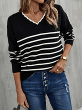 Load image into Gallery viewer, Striped V-Neck Drop Shoulder Sweater
