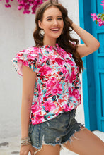 Load image into Gallery viewer, Floral Tie Neck Flutter Sleeve Blouse