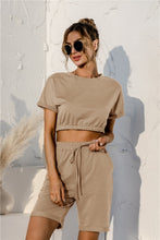 Load image into Gallery viewer, Short Sleeve Cropped Top and Drawstring Shorts Lounge Set