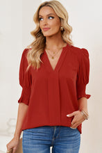 Load image into Gallery viewer, Smocked Flounce Sleeve Notched Neck Blouse