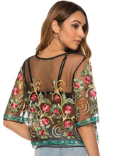 Load image into Gallery viewer, Embroidered Round Neck Sheer Blouse