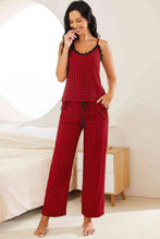 Load image into Gallery viewer, Plaid Lace Trim Cami and Drawstring Pants Pajama Set