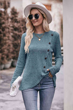 Load image into Gallery viewer, Double Take Ribbed Round Neck Buttoned Long Sleeve Tee