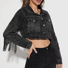 Load image into Gallery viewer, Fringe Detail Long Sleeve Cropped Denim Jacket
