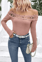 Load image into Gallery viewer, Off-Shoulder Lace Trim Ribbed Tee