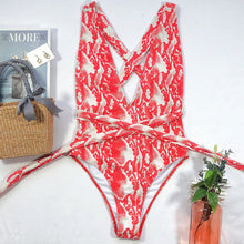 Load image into Gallery viewer, Halter Neck Deep V Tied One-Piece Swimsuit