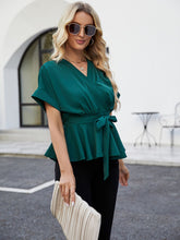 Load image into Gallery viewer, Surplice Neck Short Sleeve Front Tie Ruffle Hem Blouse