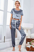 Load image into Gallery viewer, Satin Short Sleeve Crop Top and Joggers Lounge Set